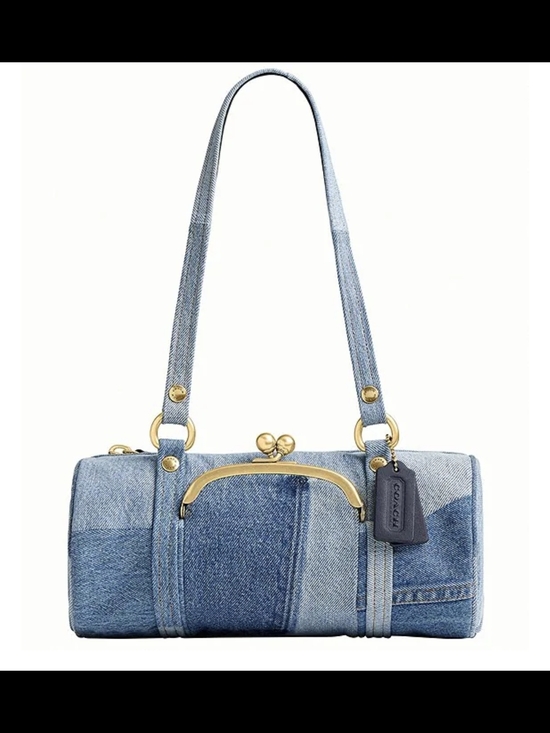 Coach Handbags - Coach Denim Barrel Shoulder Bag in Light and Medium Blue with Gold Hardware